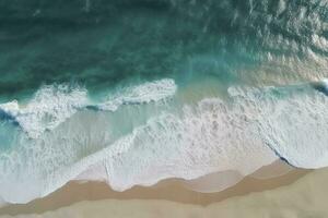 Ocean waves on the beach as a background. Beautiful natural summer vacation holidays background. Aerial top down view of beach and sea with blue water waves, generate ai photo