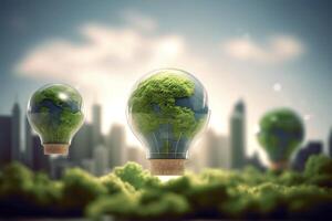 Energy consumption and CO2 gas emissions are increasing light bulbs with green eco city, Renewable energy by 2050 Carbon neutral energy, Save energy creative idea concept, . photo