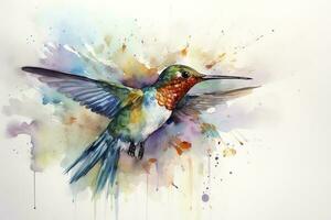 Create a beautiful painting of a hummingbird feeding on nectar watercolor painting, beautiful natural forms, crisp clean shapes, colorful, white background, generate ai photo