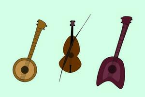 Vector image. Set of musical instruments, icons. Banjo, guitar, violin.