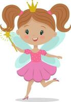 A cute little fairy with a crown and wings runs across the rainbow. Funny cartoon character tooth fairy in a pink dress and with a magic wand. Stock vector illustration isolated on a white background