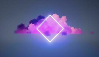 3d render, abstract minimal background with pink blue yellow neon light square frame with copy space, illuminated stormy clouds, glowing geometric shape, generate ai photo