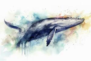 un ballena incumplimiento en un Tormentoso Oceano acuarela cuadro, hermosa natural formularios, crujiente limpiar formas, vistoso, blanco fondo, generar ai foto