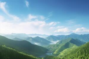 World environment day concept, Green mountains and beautiful blue sky clouds photo