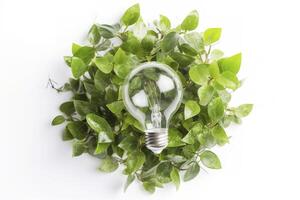 Eco-friendly lightbulb from fresh leaves top view, concept of Renewable Energy and Sustainable Living, created with technology photo