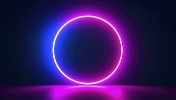 3d render, blue pink neon round frame, circle, ring shape, empty space, ultraviolet light, 80s retro style, fashion show stage, abstract background, generate ai photo