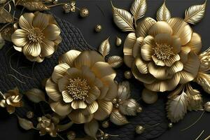 3d mural floral wallpaper. golden and black flowers and leaves. 3d render background wall decor, generate ai photo