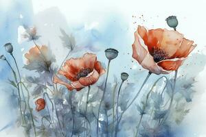 Yellow cosmos flowers image mix with painted watercolor on paper, generate ai photo