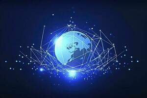 Global network on Earth concept. 3D rendering, World map point. Big data analytics and business concept, world map point and line composition concept of global business, generate ai photo