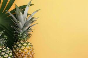 Beautiful pineapple on tropical palm monstera leaves isolated on bright pastel yellow background, top view, flat lay, overhead above summer fruit. , generate ai photo