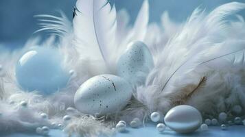 a bright blue background with one white Down feathers and eggs, in the style of soft and dreamy pastels, glimmering light effects, nature-inspired imagery, generat ai photo
