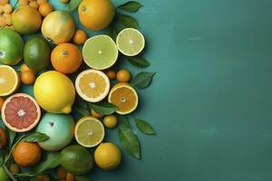 Citrus paradise concept. Top view of juicy oranges, lemons, limes and grapefruits on turquoise background with empty space for promotional text, generate ai photo