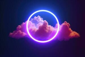 3d render, abstract cloud illuminated with neon light ring on dark night sky. Glowing geometric shape, round frame, generate ai photo