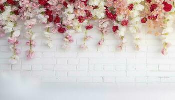 Flower texture background for wedding scene. Flowers on white brick wall with free space for text. Wedding or party decoration. Floral arrangement, floristics setting, generate ai photo