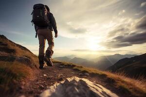 Hiker goes against sky and sun. Hiking concept created with technology photo