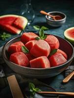 Healthy watermelon popsicles on a plate. Top view on a rustic white wood background. Summer food concept, generate ai photo