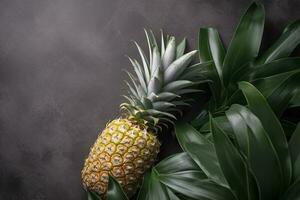 Fresh pineapple with tropical leaves on gray background. , generate ai photo