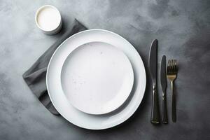 White plate and cutlery on stone table. Table setting, flat lay image, generate ai photo