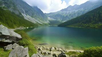 reflexión de montaña rango en lago, grandioso teton nacional parque, generar ai foto