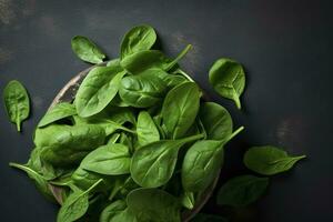 Fresh organic baby spinach leaves. Top view with copy space, generate ai photo