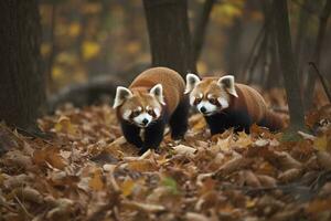 un par de rojo pandas jugando en un bosque, generar ai foto