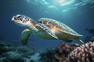 Sea turtle swimming the undersea, Beautiful Underwater and colorful coral in the wild nature of the Pacific Ocean Generate Ai photo