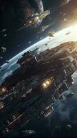 Cinematic Still, intense space battle between two massive battleships, starry sky, nebulae, galaxies, HDR futuristic space battleship destroyers traveling through an asteroid field, generate ai photo