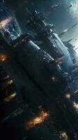 Cinematic Still, intense space battle between two massive battleships, starry sky, nebulae, galaxies, HDR futuristic space battleship destroyers traveling through an asteroid field, generate ai photo