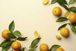 Whole orange yellow tangerines with green leaves on pastel beige background, copyspace. Citrus fruits mandarines as minimal food frame background, empty space, above view, generate ai photo