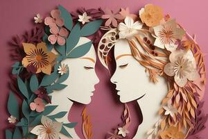 Paper art , Happy women's day 8 march with women of different frame of flower , women's day specials offer sale wording isolate , Generate Ai photo