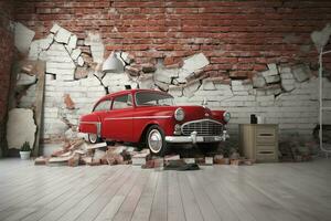 3d mural wallpaper broken wall bricks and a classic red car. world map in a colored background. for Childrens and kids bed room wallpaper, generate ai photo