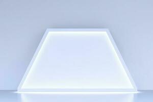 Realistic podium display with neon white lights, Product display background with light frame, White prodium product display with light effect, neon lights background, generate ai photo