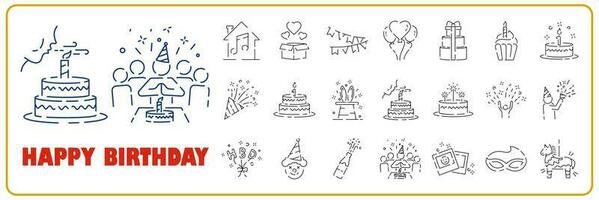 Happy Birthday party line icon set. Included the icons as fun, enjoy, party, good mood, celebrate and decoration. vector