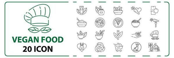 Vegan food and vegetarian salads Well-crafted Vector Thin Line Icons set. Grid for Web Graphics and Apps. Simple Minimal Pictogram.