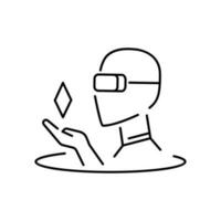 Metaverse icon. Human and virtual monitor or hologram. Outline style. Sim game character. Vector. Isolate on white background. vector