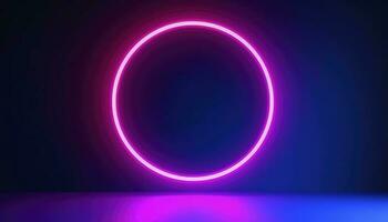 3d render, blue pink neon round frame, circle, ring shape, empty space, ultraviolet light, 80s retro style, fashion show stage, abstract background, generate ai photo