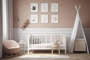 Modern minimalist nursery room in scandinavian style. Baby room interior in light colours, image photo