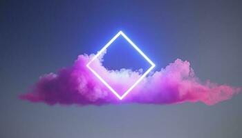 3d render, abstract minimal background with pink blue yellow neon light square frame with copy space, illuminated stormy clouds, glowing geometric shape, generate ai photo