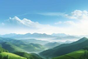 World environment day concept, Green mountains and beautiful blue sky clouds photo