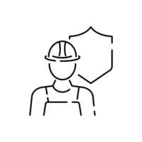 Workers insurance. Construction workers in hard hat and jumpsuit, builders in uniform, contractor man, manual labor, vector mono line icon. Save and protect.