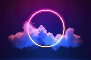 3d render, abstract cloud illuminated with neon light ring on dark night sky. Glowing geometric shape, round frame, generate ai photo
