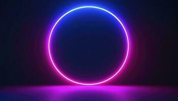 3d render, blue pink neon round frame, circle, ring shape, empty space, ultraviolet light, 80s retro style, fashion show stage, abstract background, generate ai photo