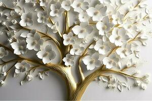 3d wallpaper floral tree background with white flower leaves and golden stem. interior wall home decor, generate ai photo