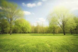 Beautiful blurred background image of spring nature with a neatly trimmed lawn surrounded by trees against a blue sky with clouds on a bright sunny day, generate ai photo