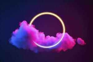 3d render, abstract cloud illuminated with neon light ring on dark night sky. Glowing geometric shape, round frame, generate ai photo