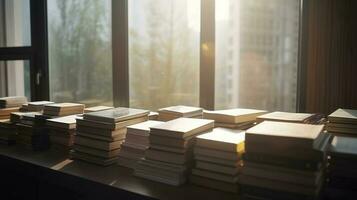 Stack of old books in nature on wooden board with blurred green background, generate ai photo