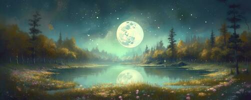 night landscape environment harvest moon over a glittering lake lush vegetation birchwood trees, flowers, magical galaxy. 3d drawing digital art, generate ai photo