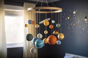 Solar system made of felt, hanging mobile above the baby crib, child toys, science for infants. Baby crib mobile with stars, planets and moon. First baby eco-friendly toys. image. photo