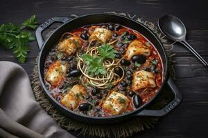 Traditional Italian spaghetti al nero di seppia with squid ink in tomato sauce served as close-up in a cast-iron pan on a wooden board, generate ai photo