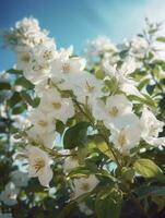 primavera el Cereza flores vendimia, con azul cielo fondo, generar ai foto
